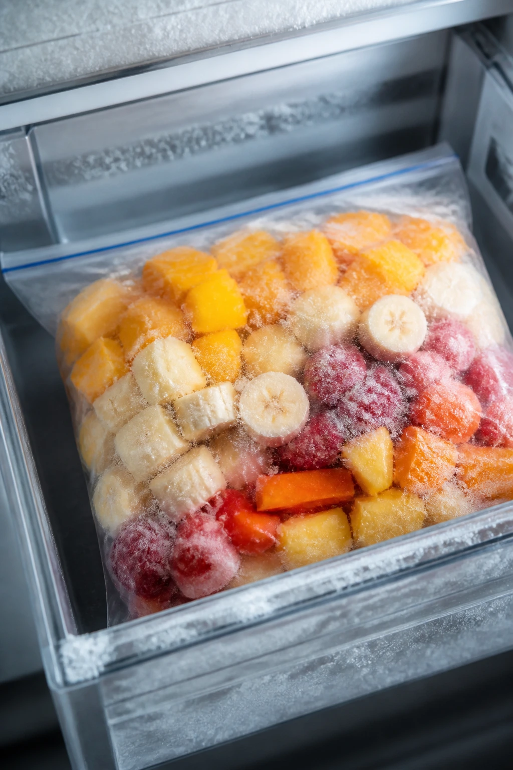 Close-up of a freezer bag with colorful frozen smoothie packs inside a freezer