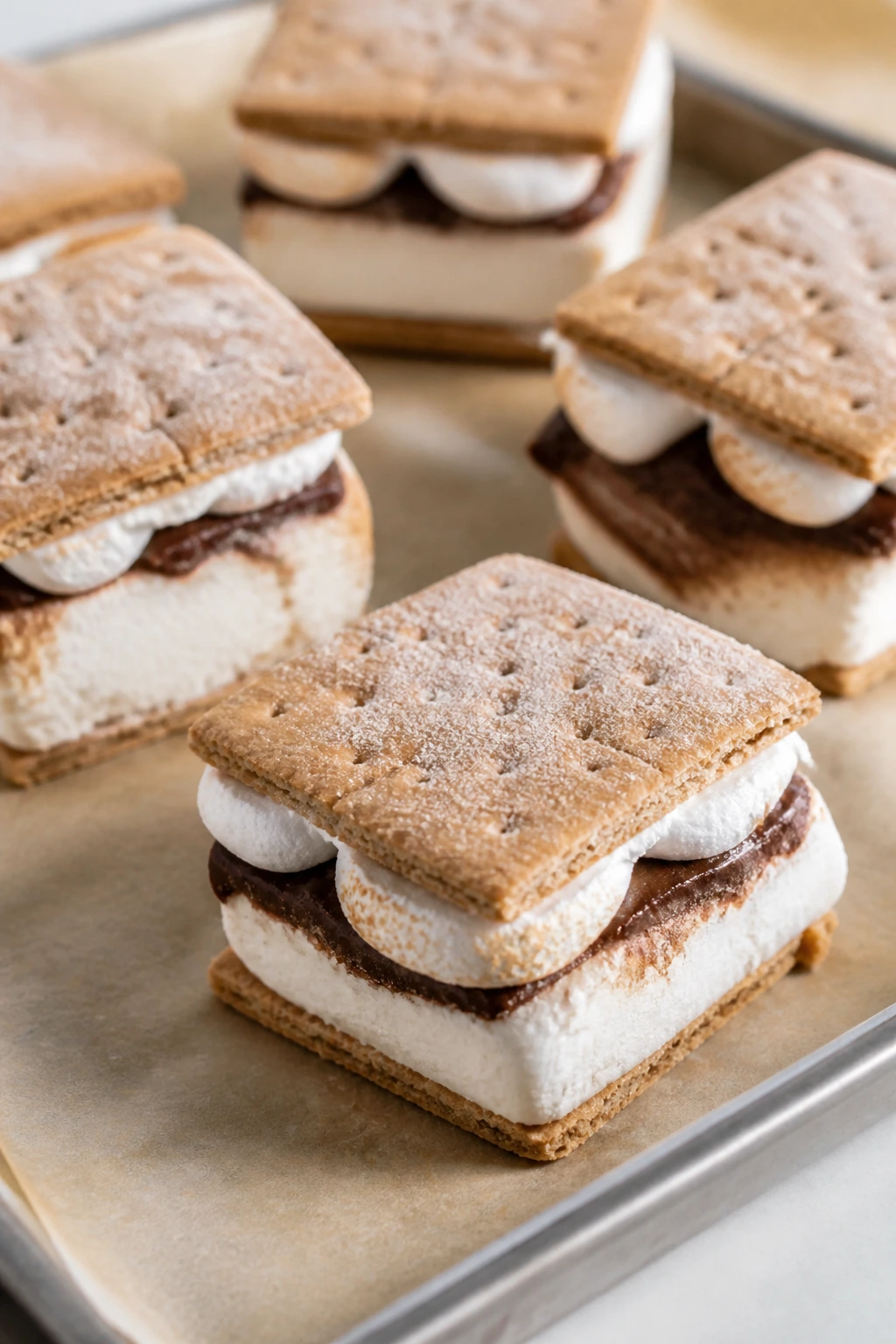 Frozen s'mores sandwiches on parchment-lined sheet pan in a warm kitchen