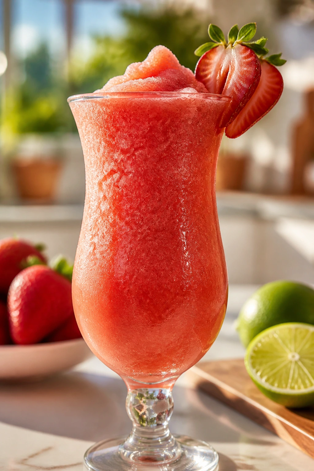 Bright pink Frozen Strawberry Daiquiri in a tall glass with a strawberry garnish