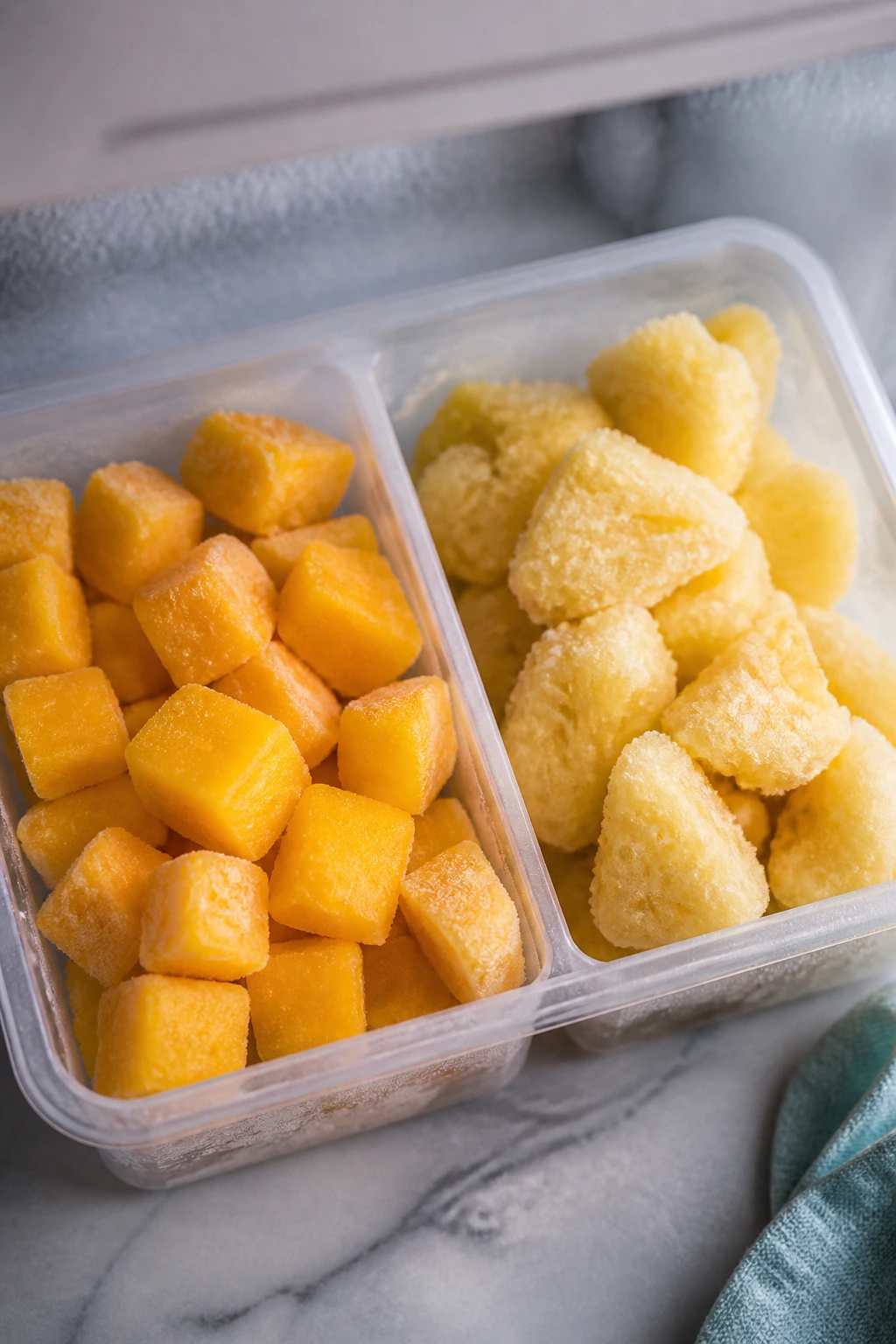 Tray of frozen mango pieces and pineapple showing differences in freezing