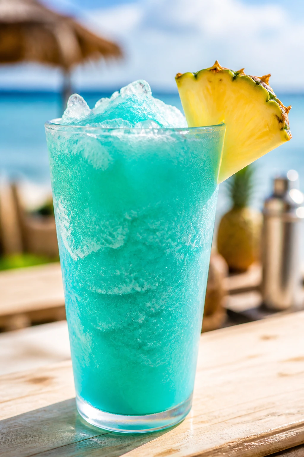 Close-up of frozen turquoise rum punch in a glass with pineapple wedge