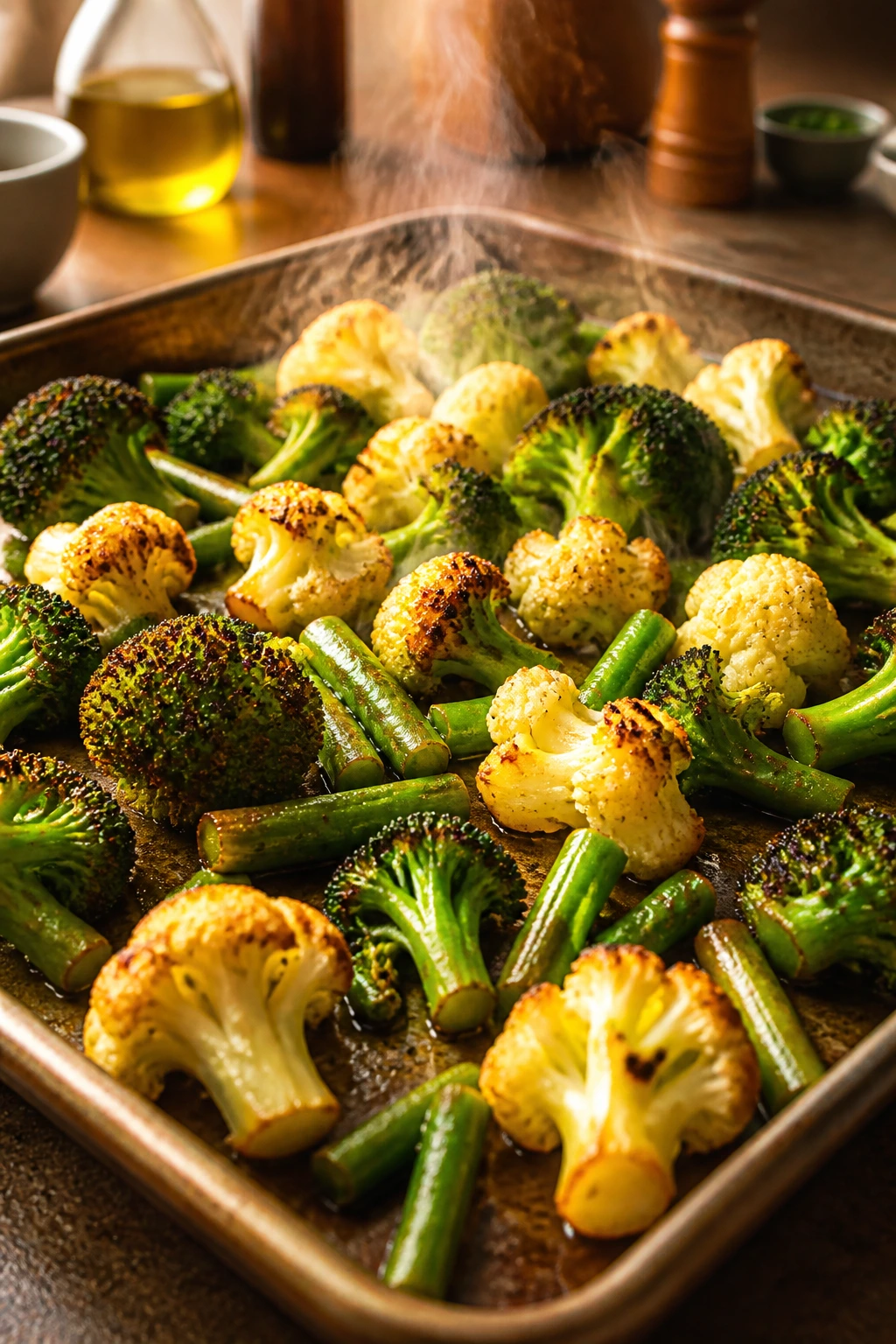 Frozen vegetables browning on a hot sheet pan in a kitchen