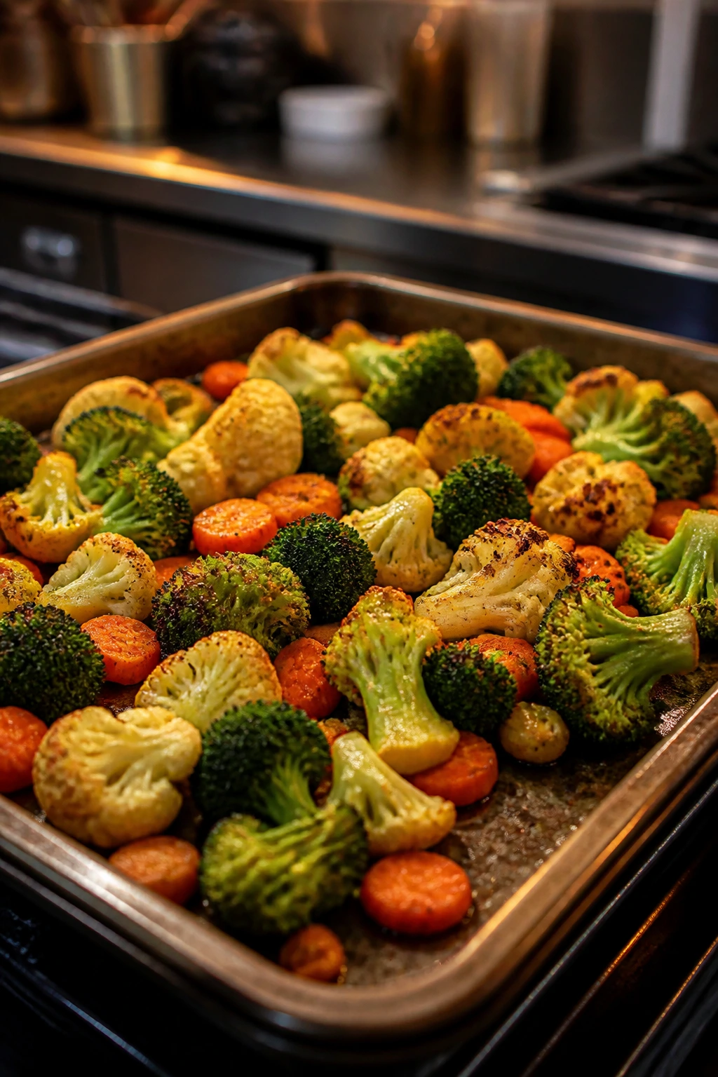 Close-up of frozen vegetables roasting on a hot sheet pan with browned edges in a kitchen
