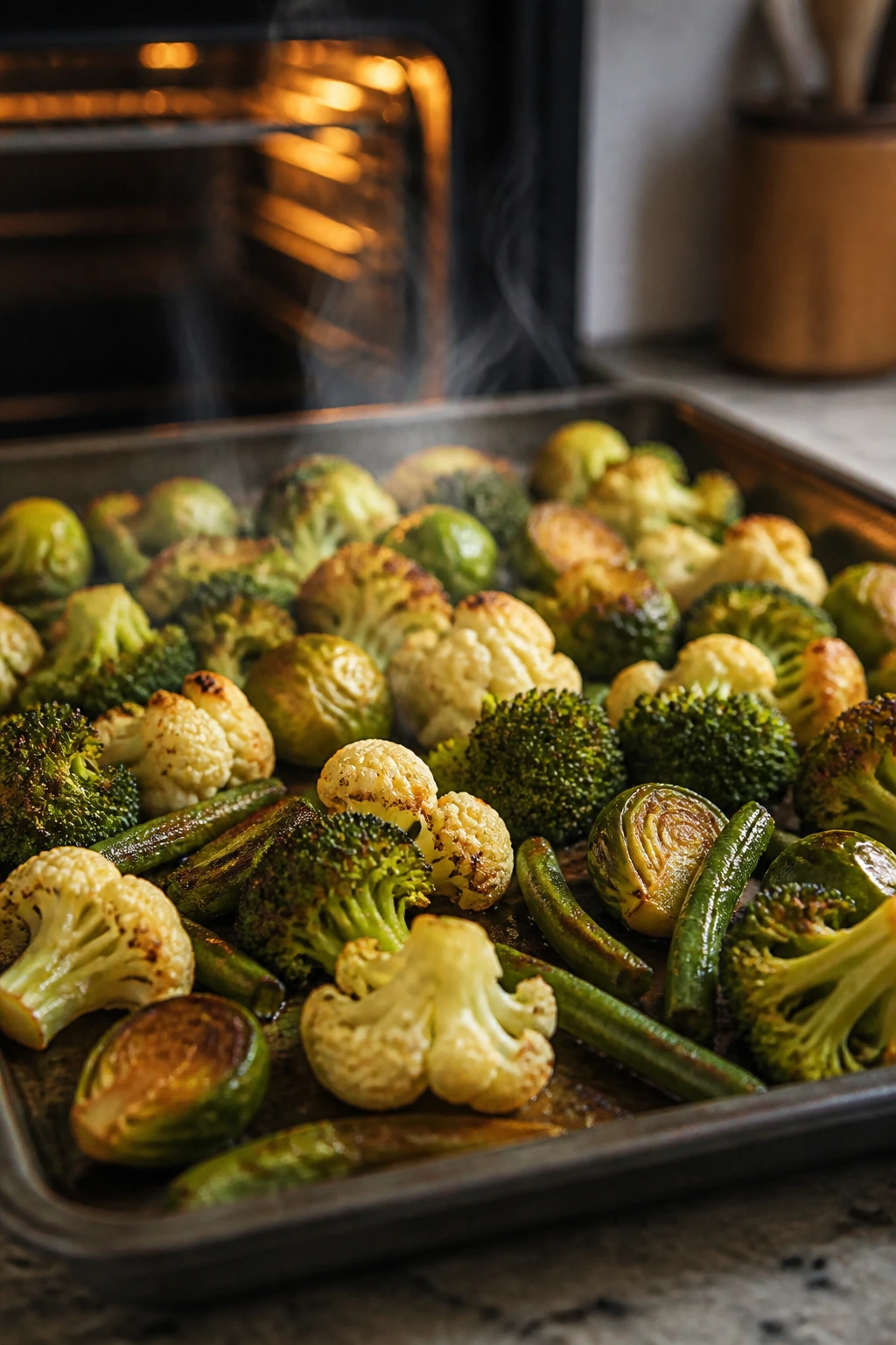 Close-up of a sheet pan with browned frozen vegetables in a warm kitchen