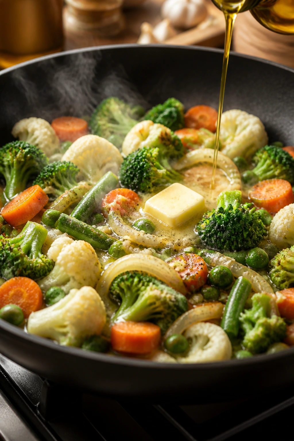 Close-up of frozen mixed vegetables browning in a hot skillet with butter and garlic