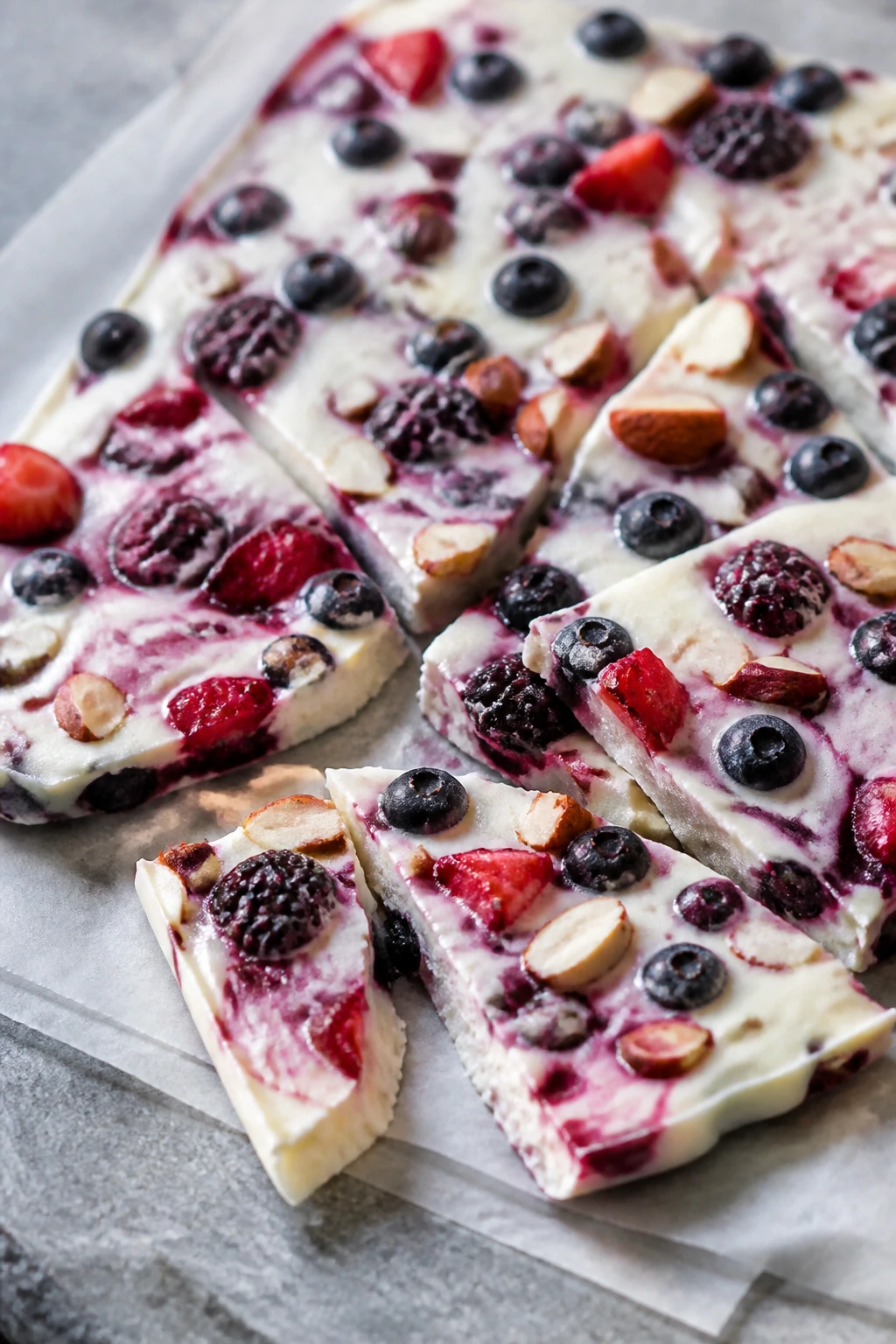 Close-up of Frozen Yogurt Bark with Berries on parchment