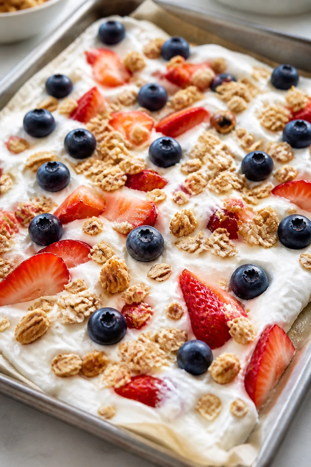 Frozen yogurt bark topped with berries and granola on parchment