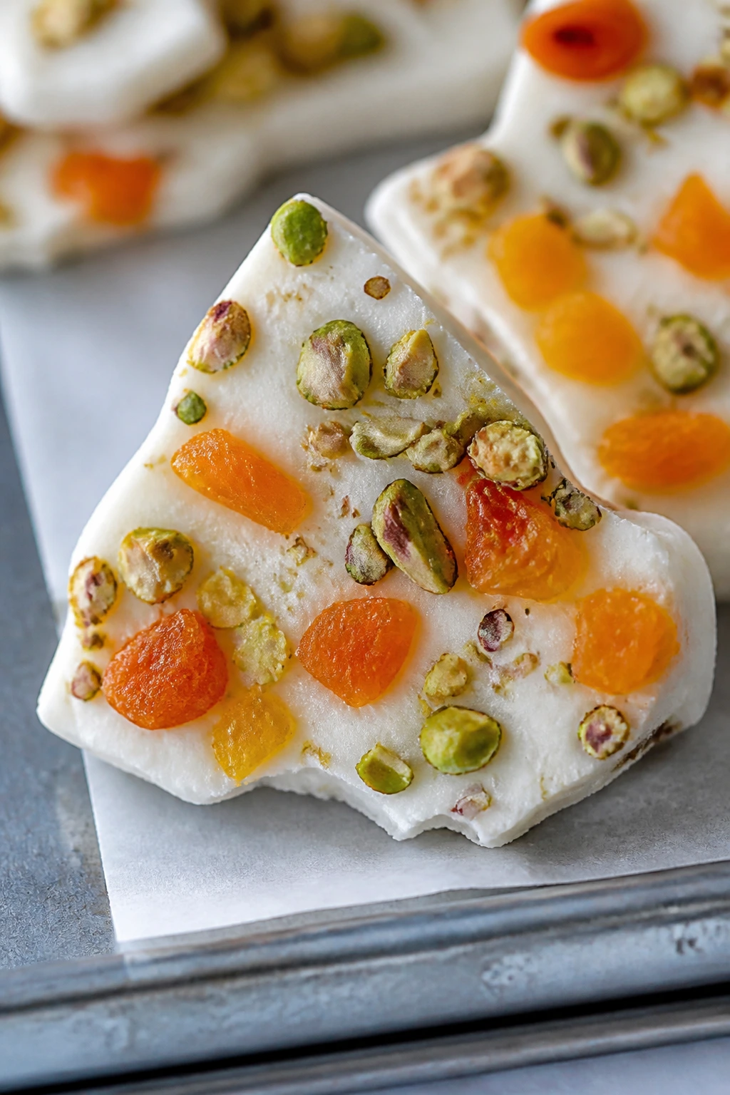 Jagged shard of frozen yogurt bark with apricots and pistachios