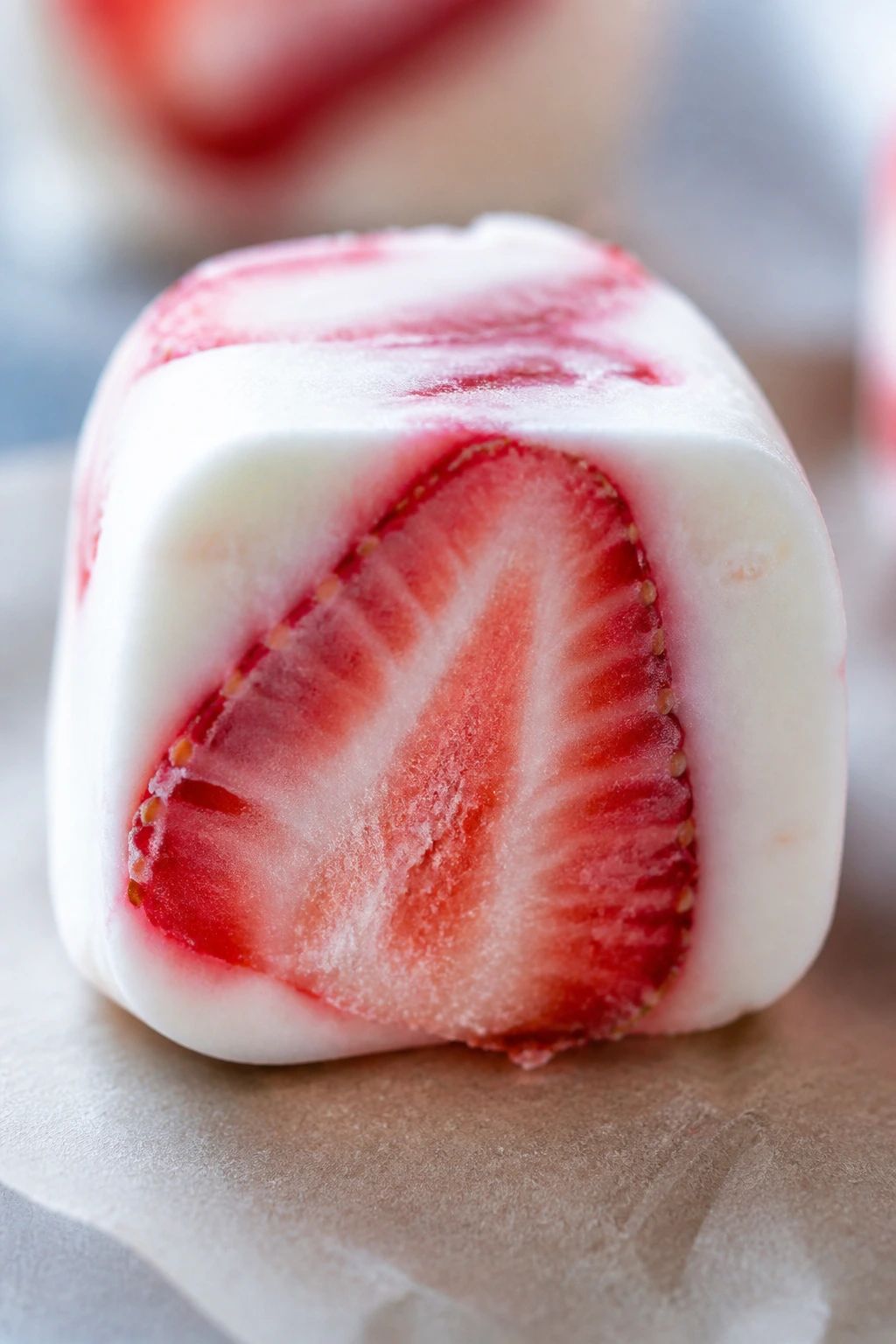 Close-up of a Frozen Yogurt Fruit Bite with fruit center on parchment