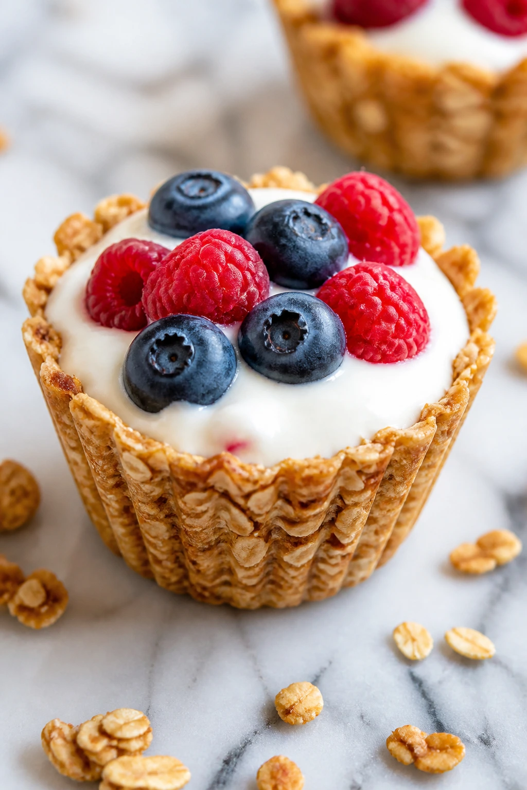 Close-up of Frozen Yogurt Granola Cup with berries on marble