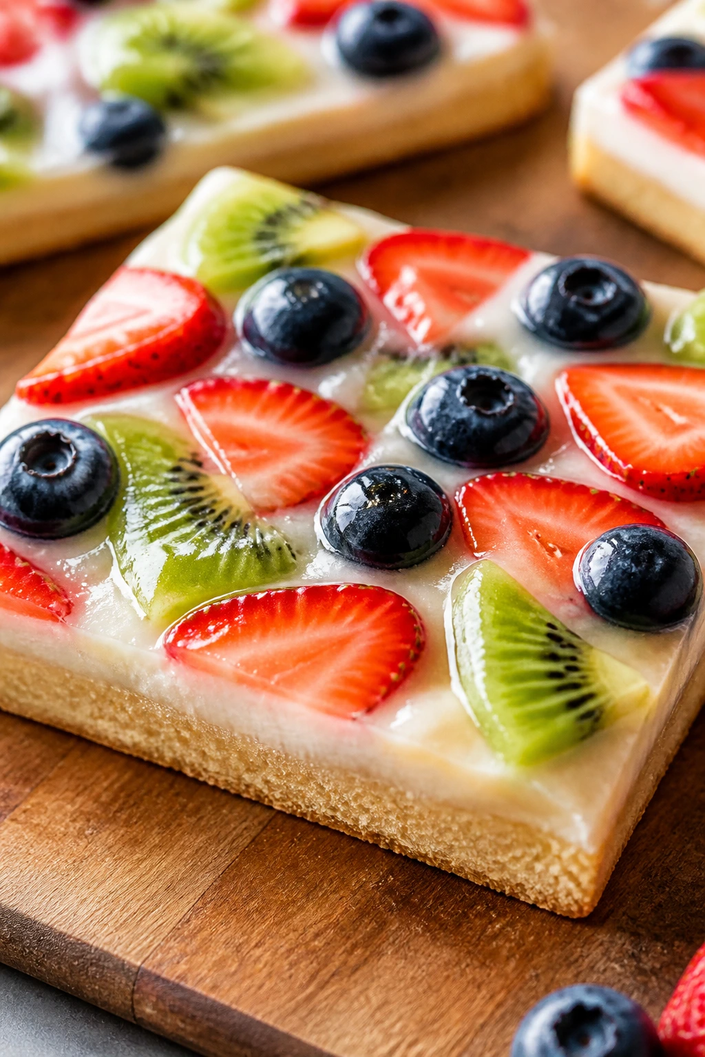 Close-up of fruit mosaic topping on a fruit pizza bar on wooden board