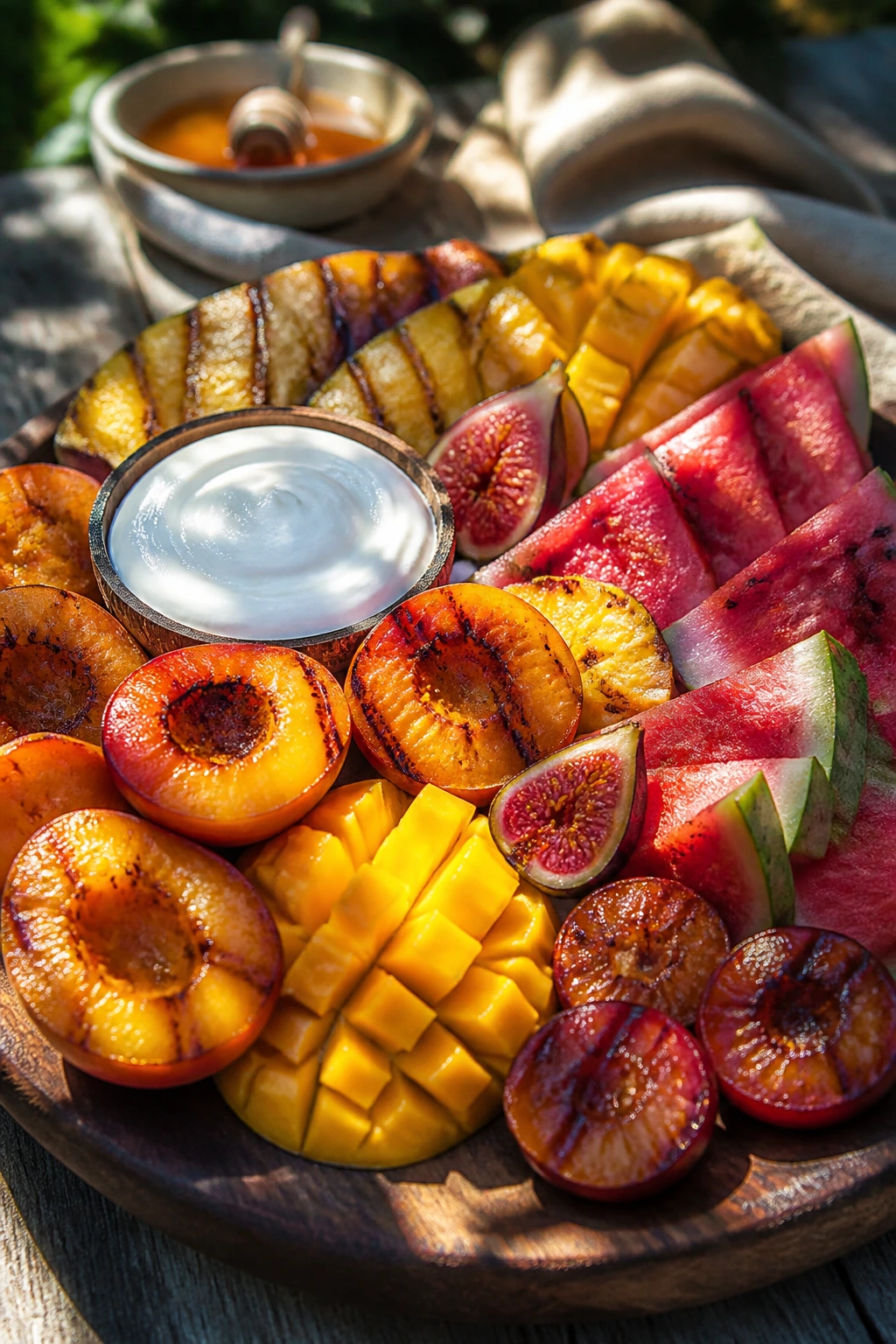 All-fruit board with a variety of fruits and coconut yogurt