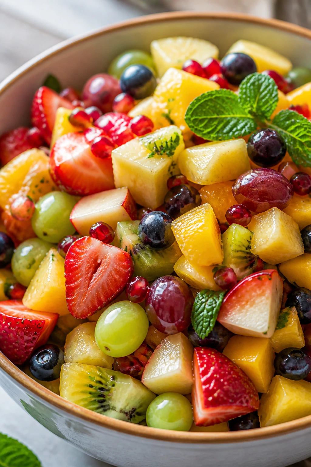 Colorful bowl of mixed fruits showing variety in shape and color