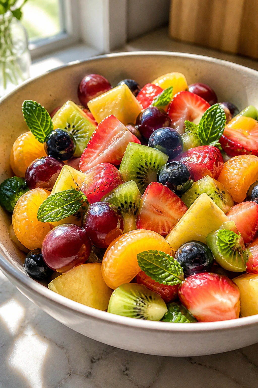 Bright bowl of mixed fruit salad on a sunlit kitchen counter with colorful fruit