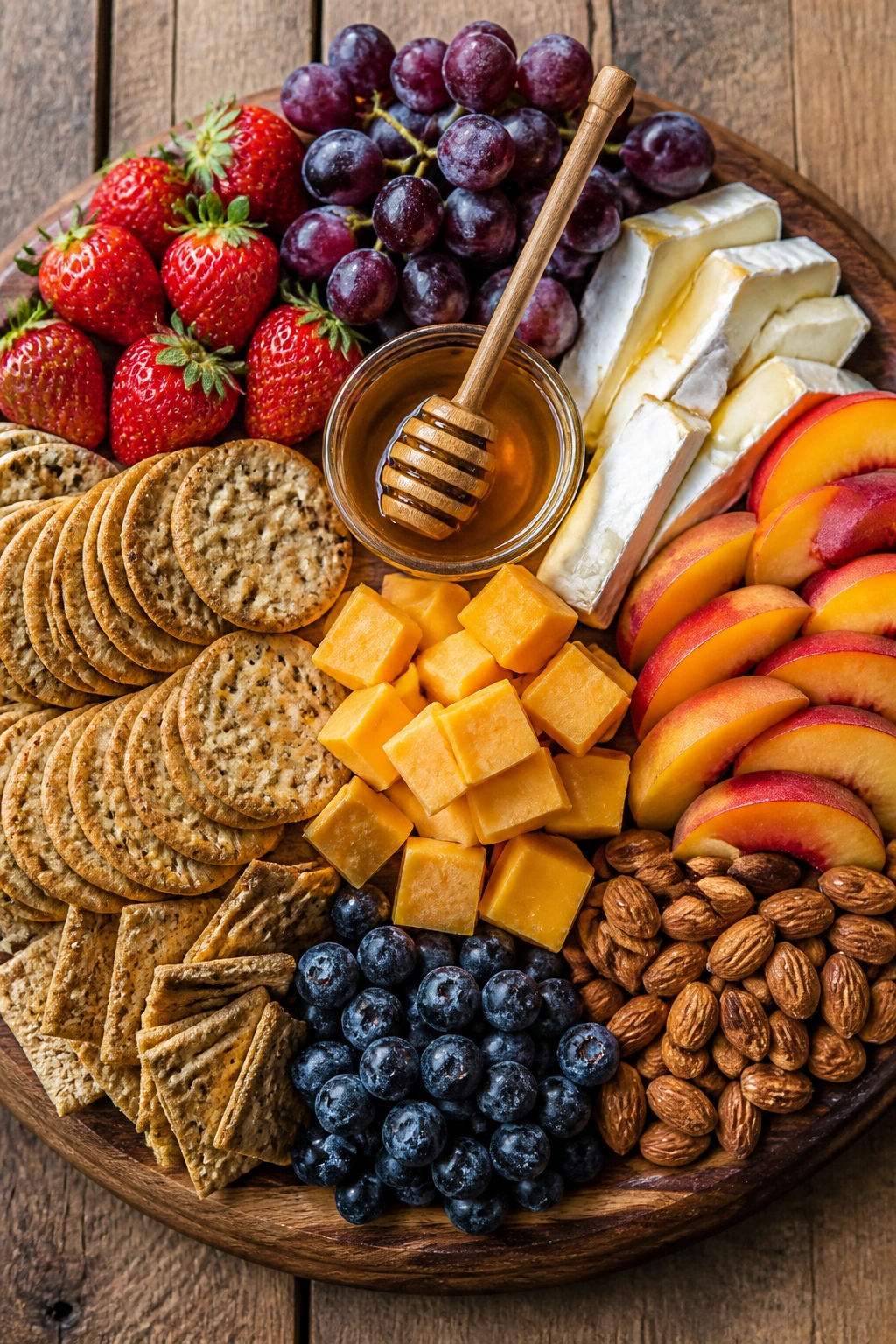 Overhead view of a fruit and cheese board on a wooden table