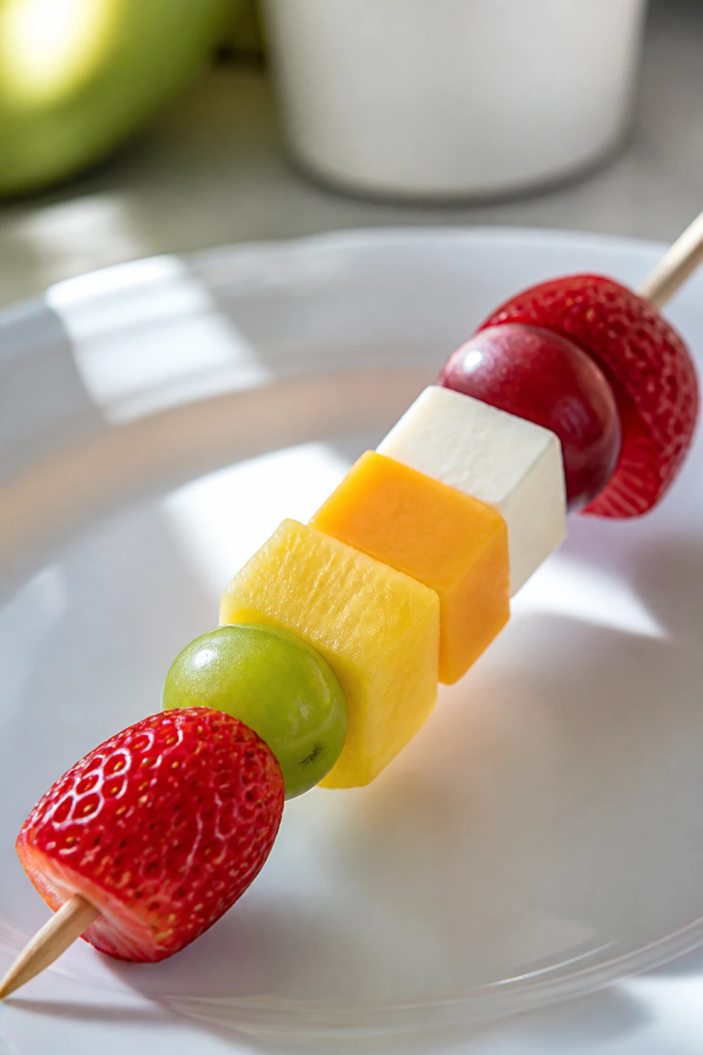 Close-up of a fruit and cheese kabob with strawberries, grapes, pineapple and cheese cubes on a plate