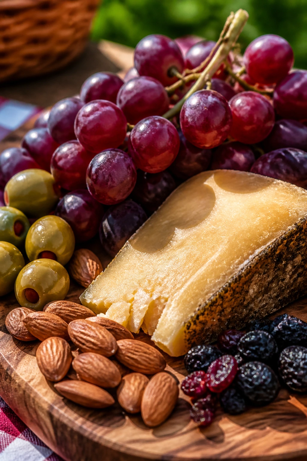Cheese wedge with grapes and almonds on a rustic board