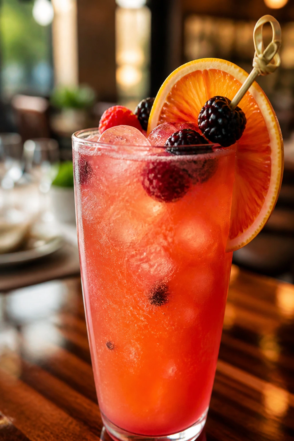Close-up of a bright fruit-forward cocktail in a tall glass with citrus and berries on a bar