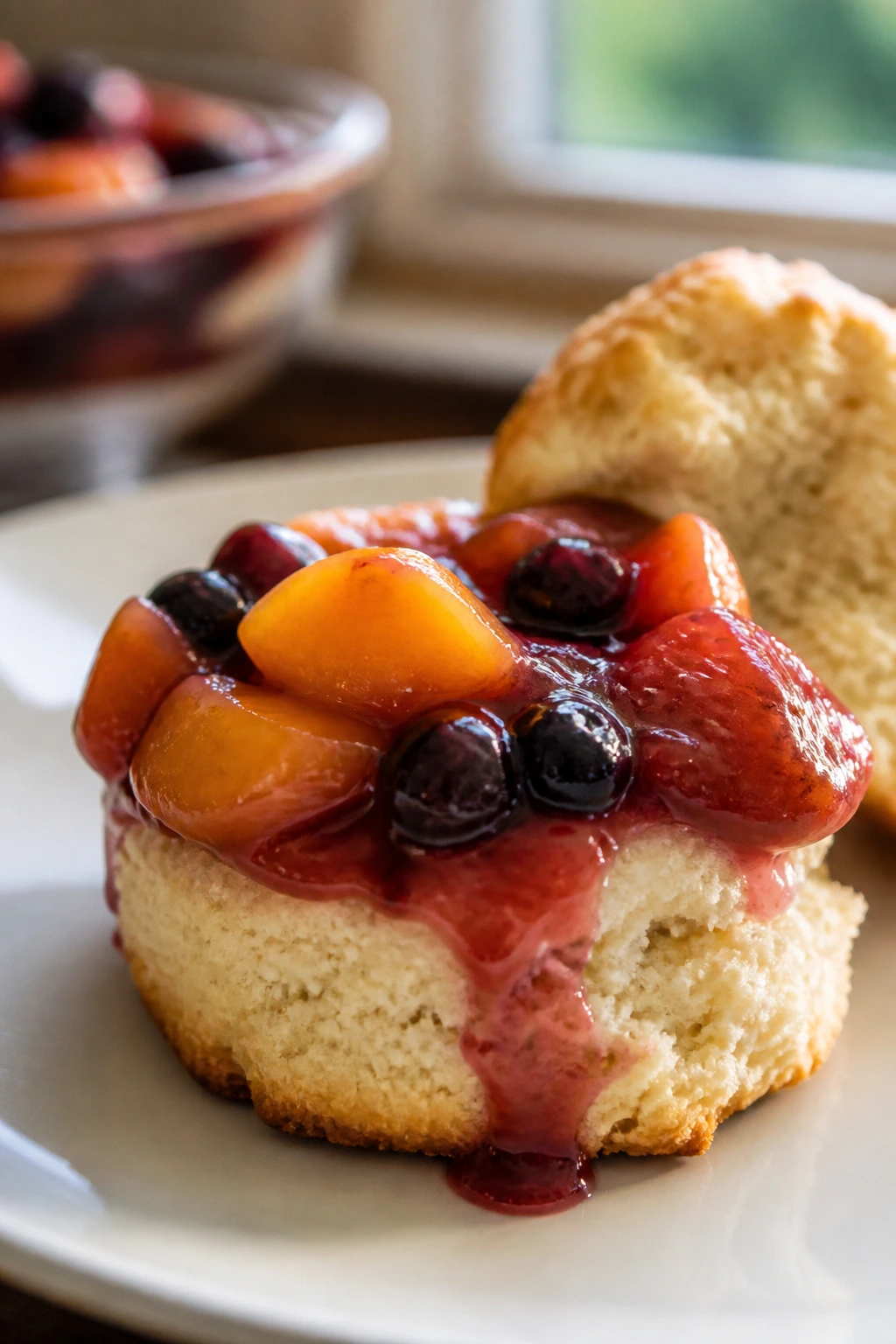 Close-up of a biscuit with fruit compote topping