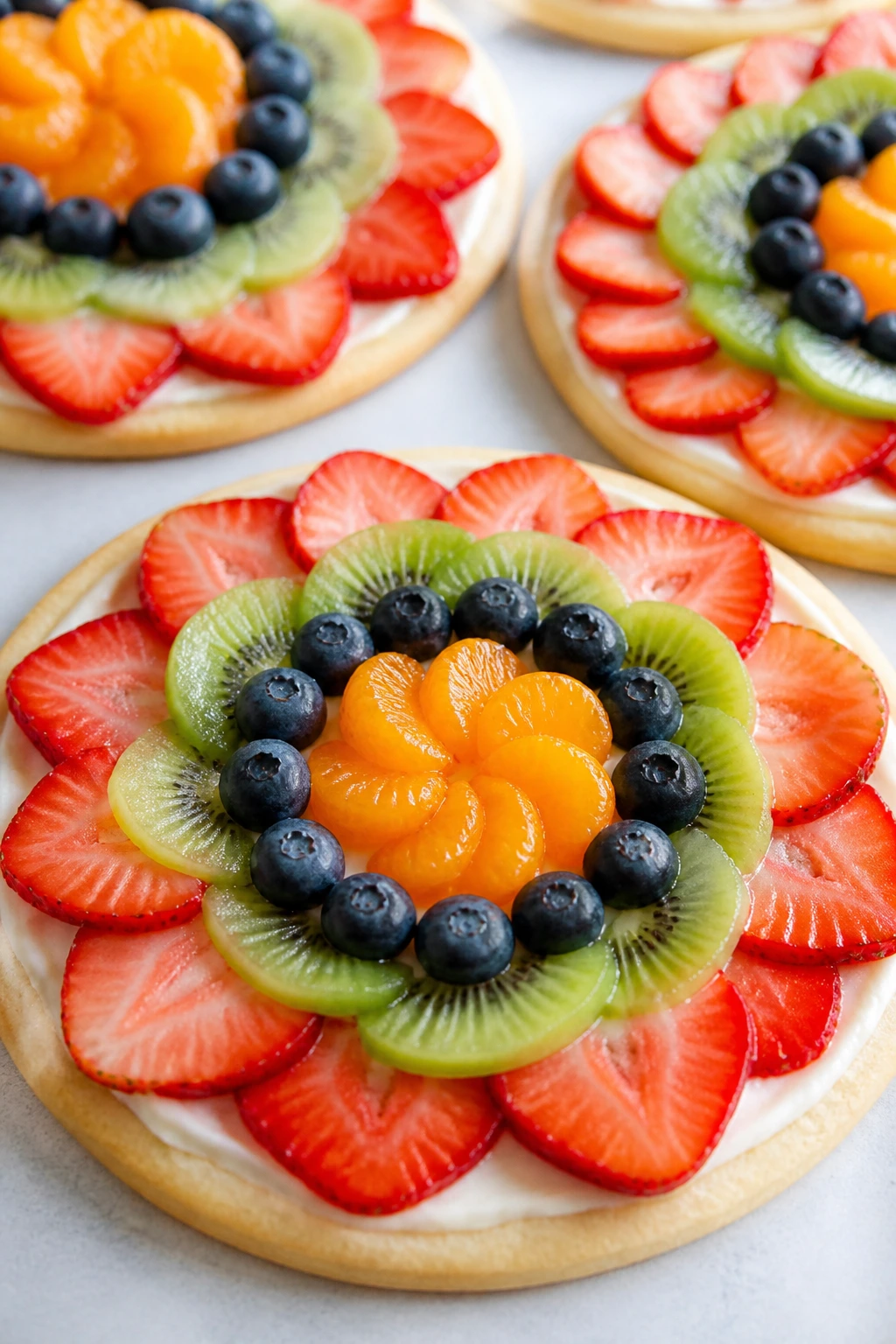 Flat sugar cookies with cream cheese and colorful fruit rings, rainbow fruit pizza cookies