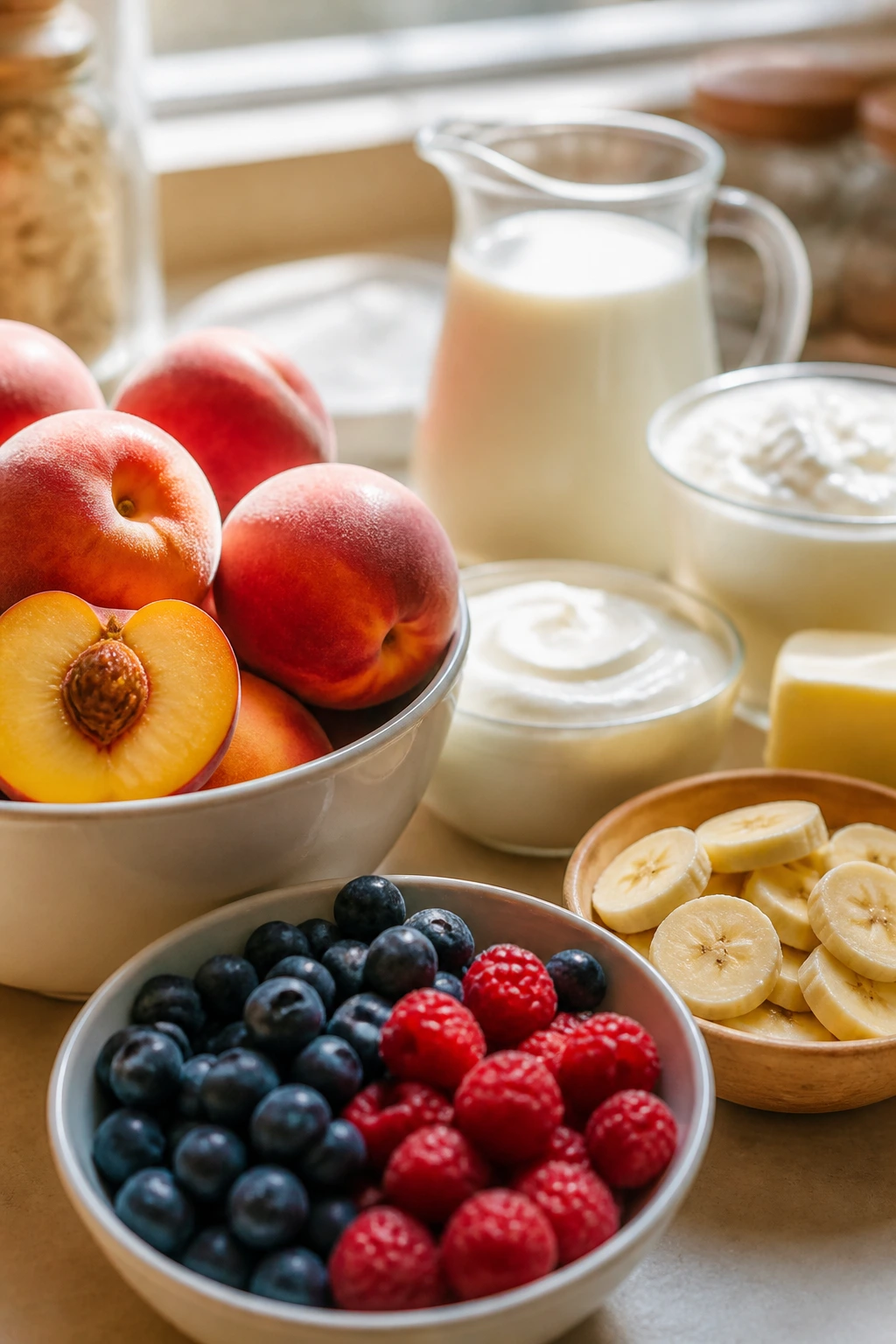 Close-up of peaches, berries, bananas, yogurt, cream cheese, and milk on a kitchen counter.