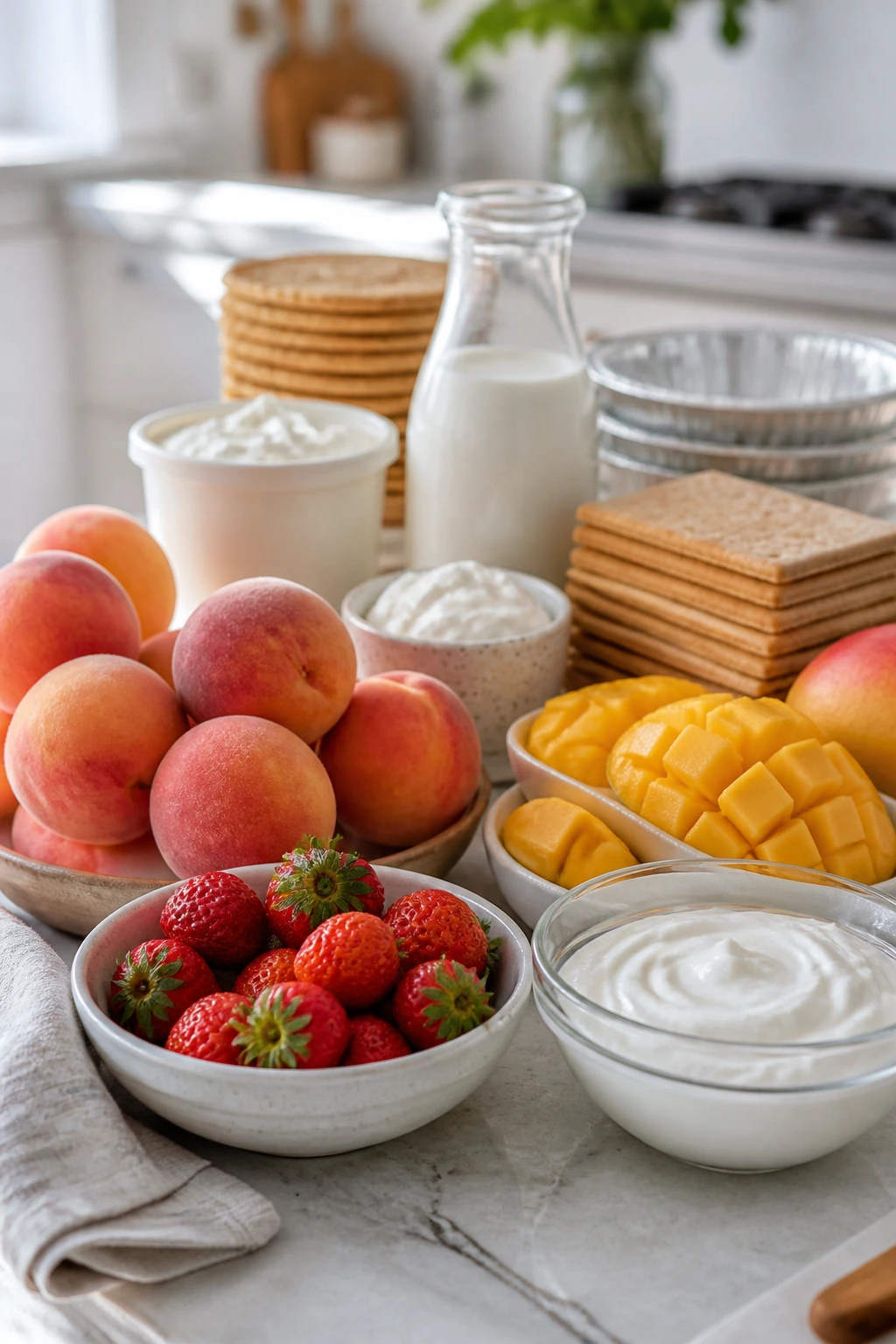 Fresh fruit and dairy ingredients arranged for smart shopping notes