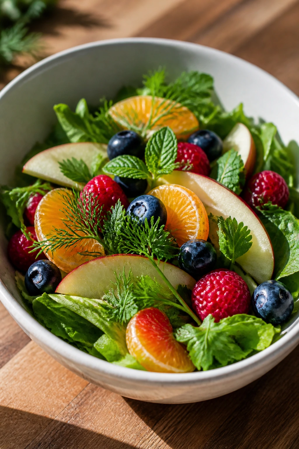 Berries and citrus with herbs brightening a light salad