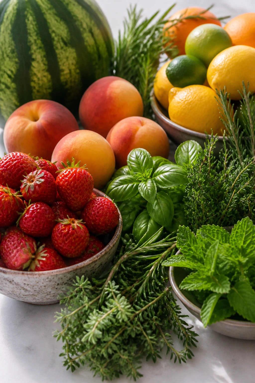 Fresh fruit and herbs arranged for picnic drinks
