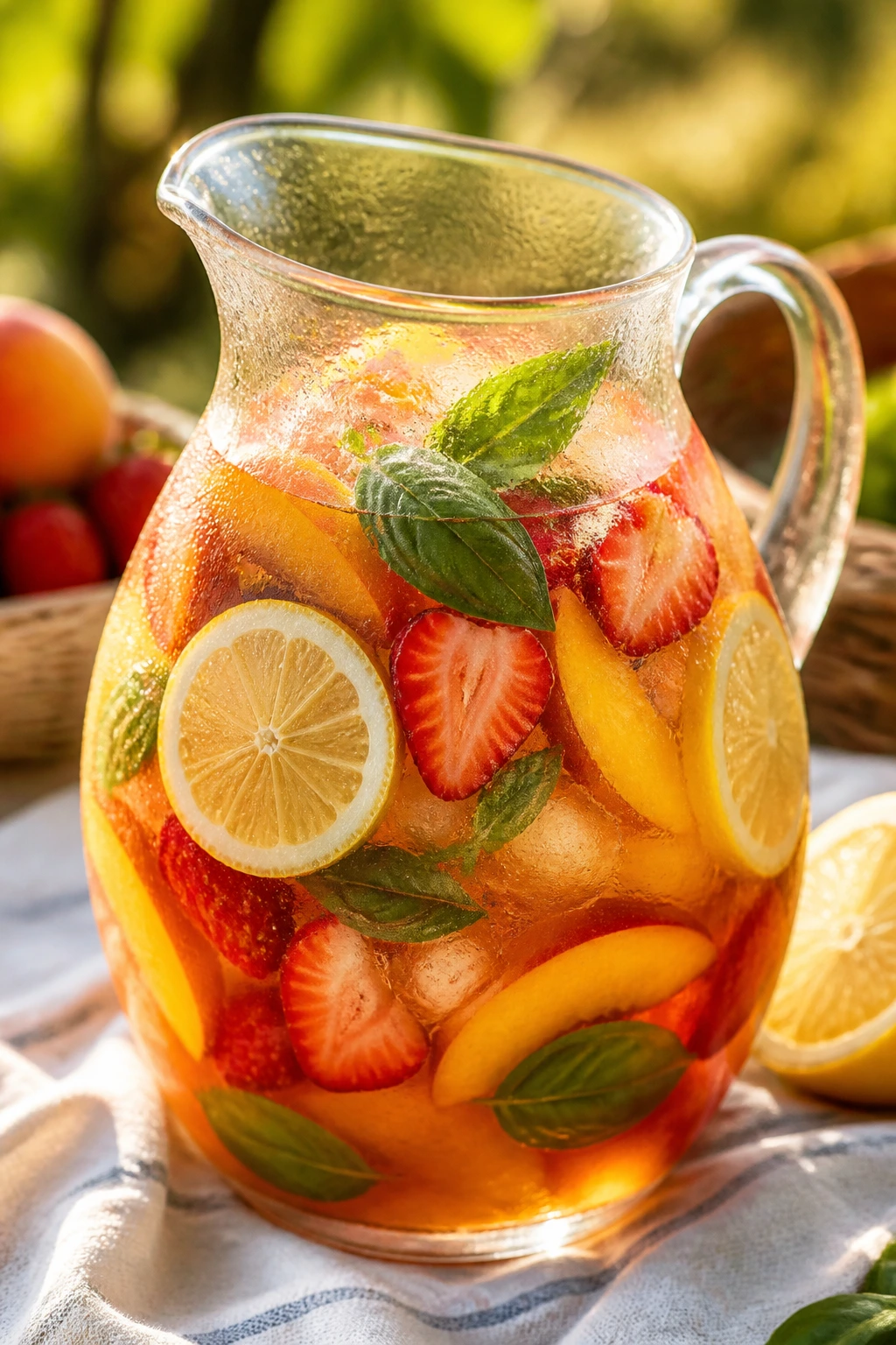 Close-up pitcher of fruit-infused summer drink on sunny picnic blanket