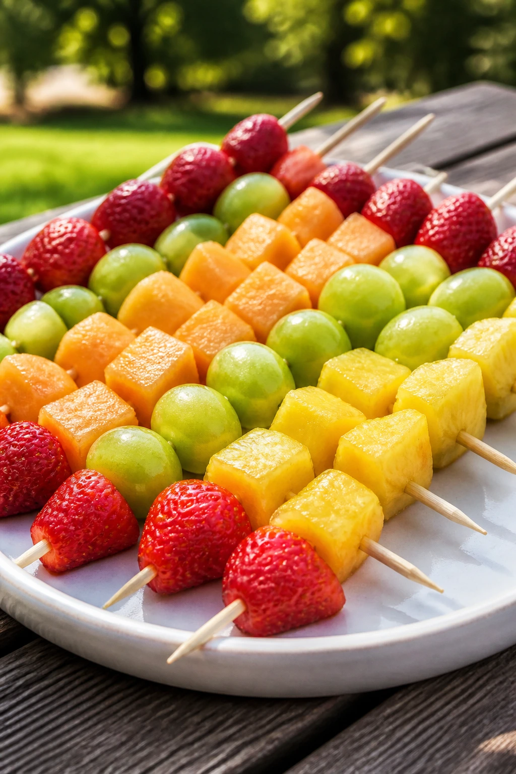 Close-up of rainbow fruit kabobs on a plate at a park picnic.