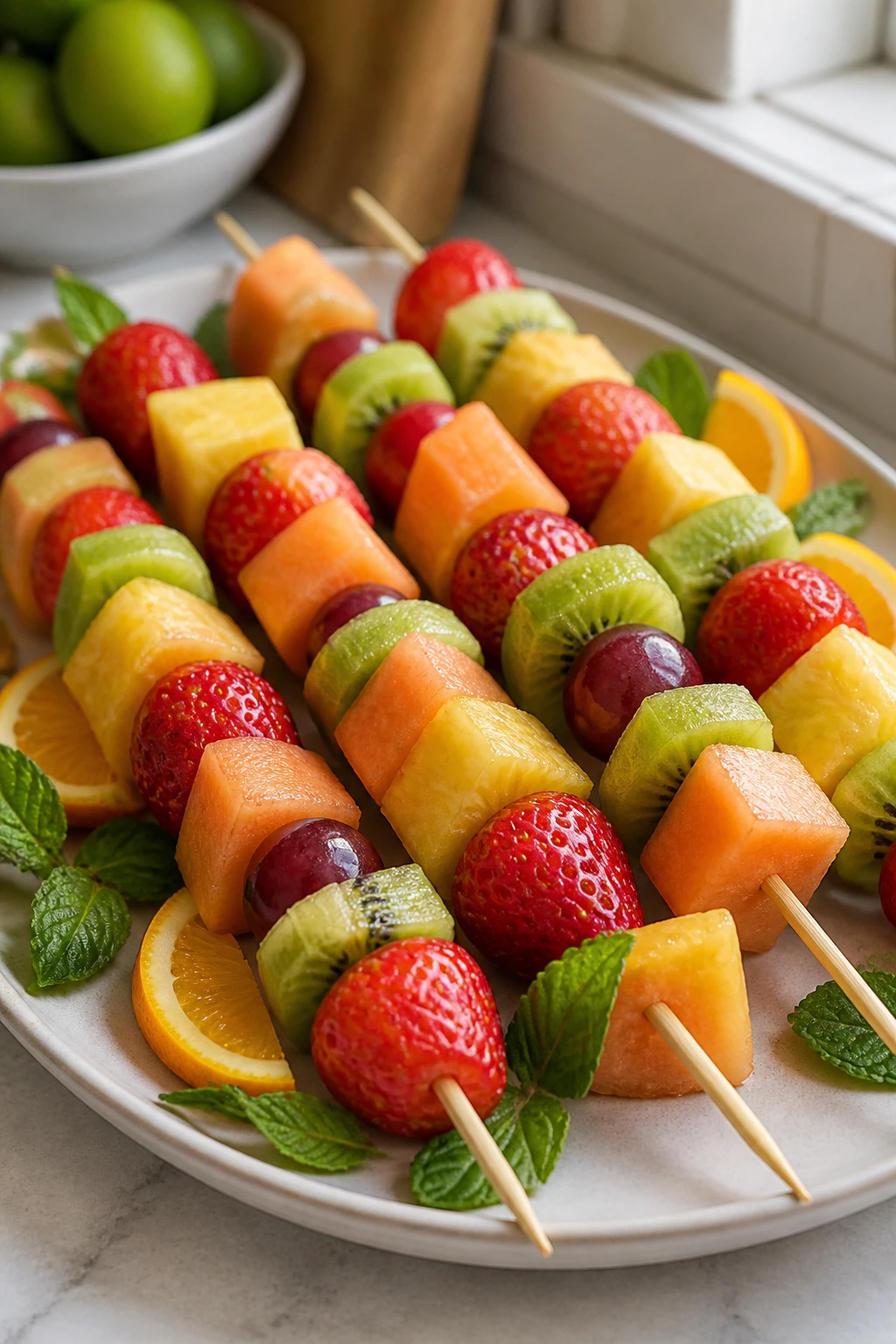 Colorful fruit kebabs on a pale platter in a bright kitchen