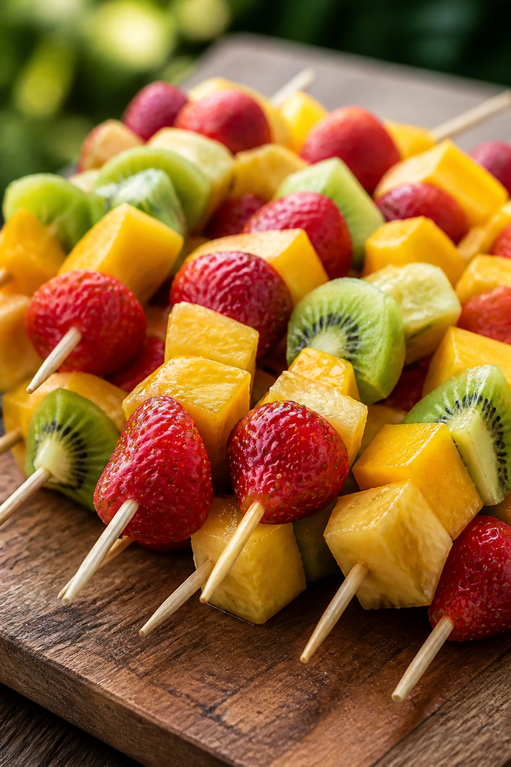 Close-up of colorful fruit kebabs on a wooden board in outdoor setting