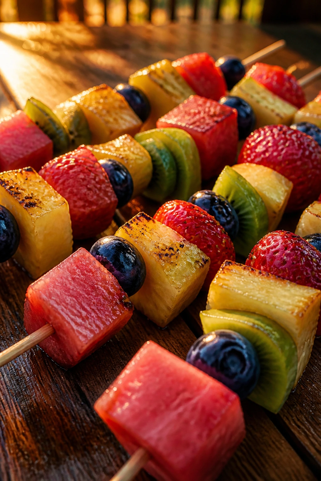 Colorful fruit kebabs on skewers in a warm evening outdoor setting