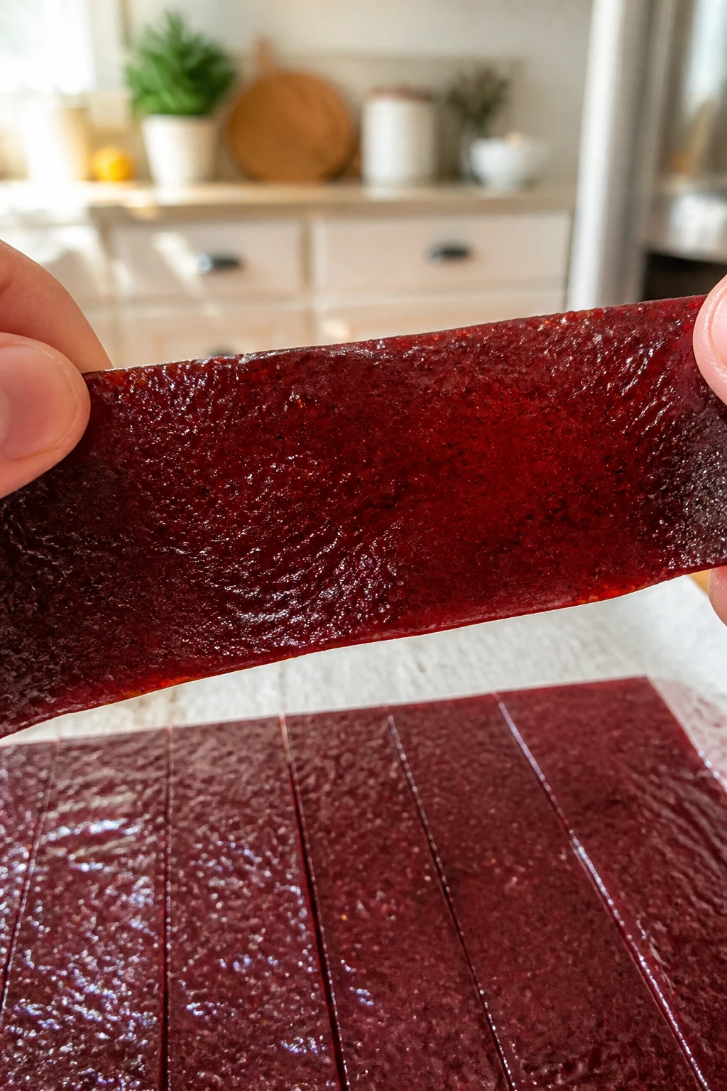 Close-up of a fruit leather strip held by fingers