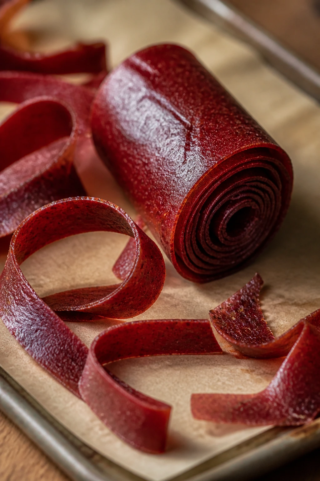 Close-up of homemade fruit leather roll-ups on parchment in warm kitchen