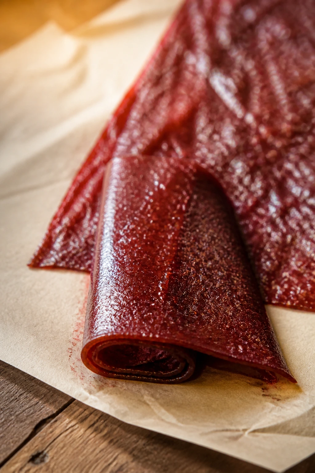 Close-up of fruit leather strip on parchment