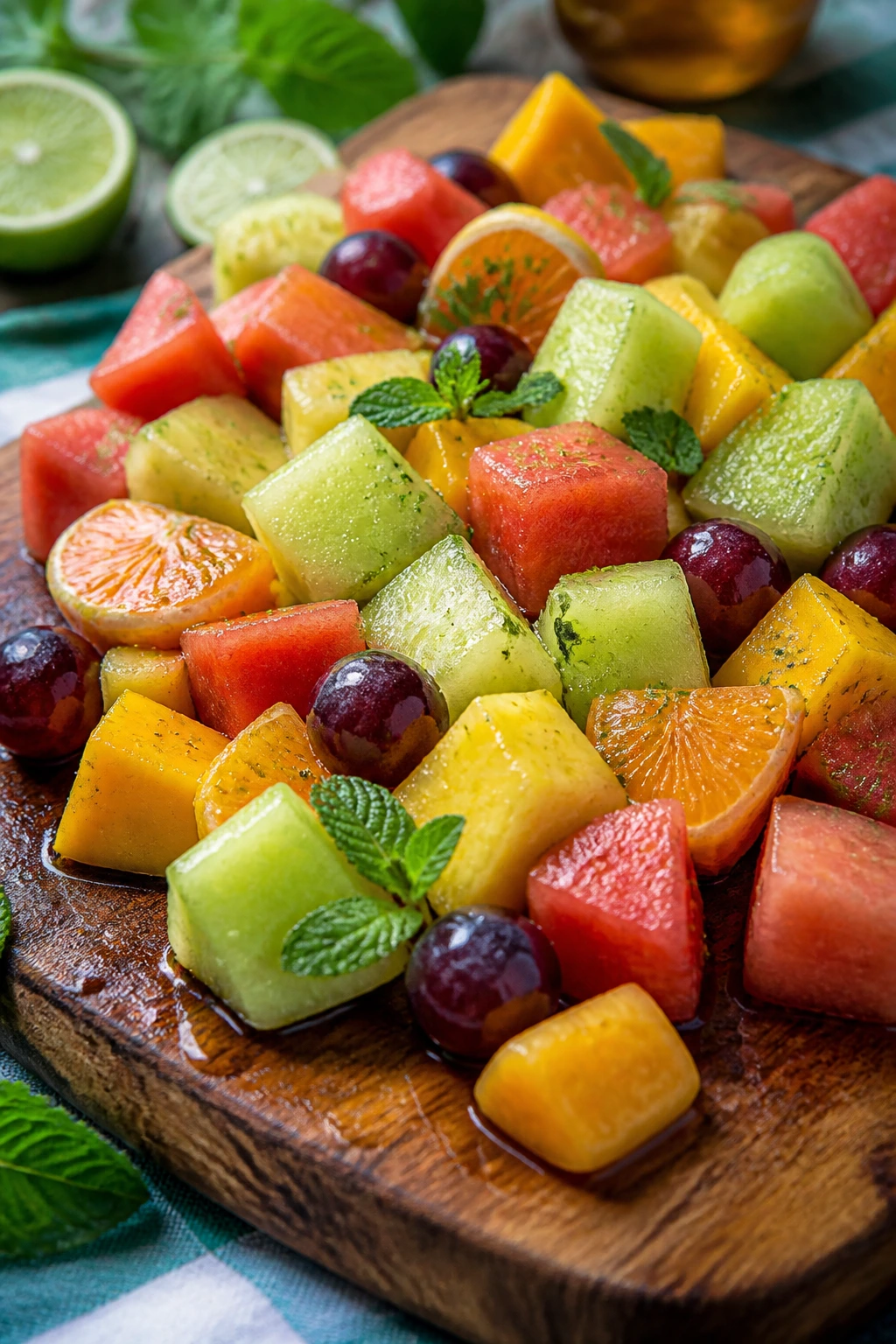 Close-up of firm fruit chunks with lime honey dressing on a wooden board