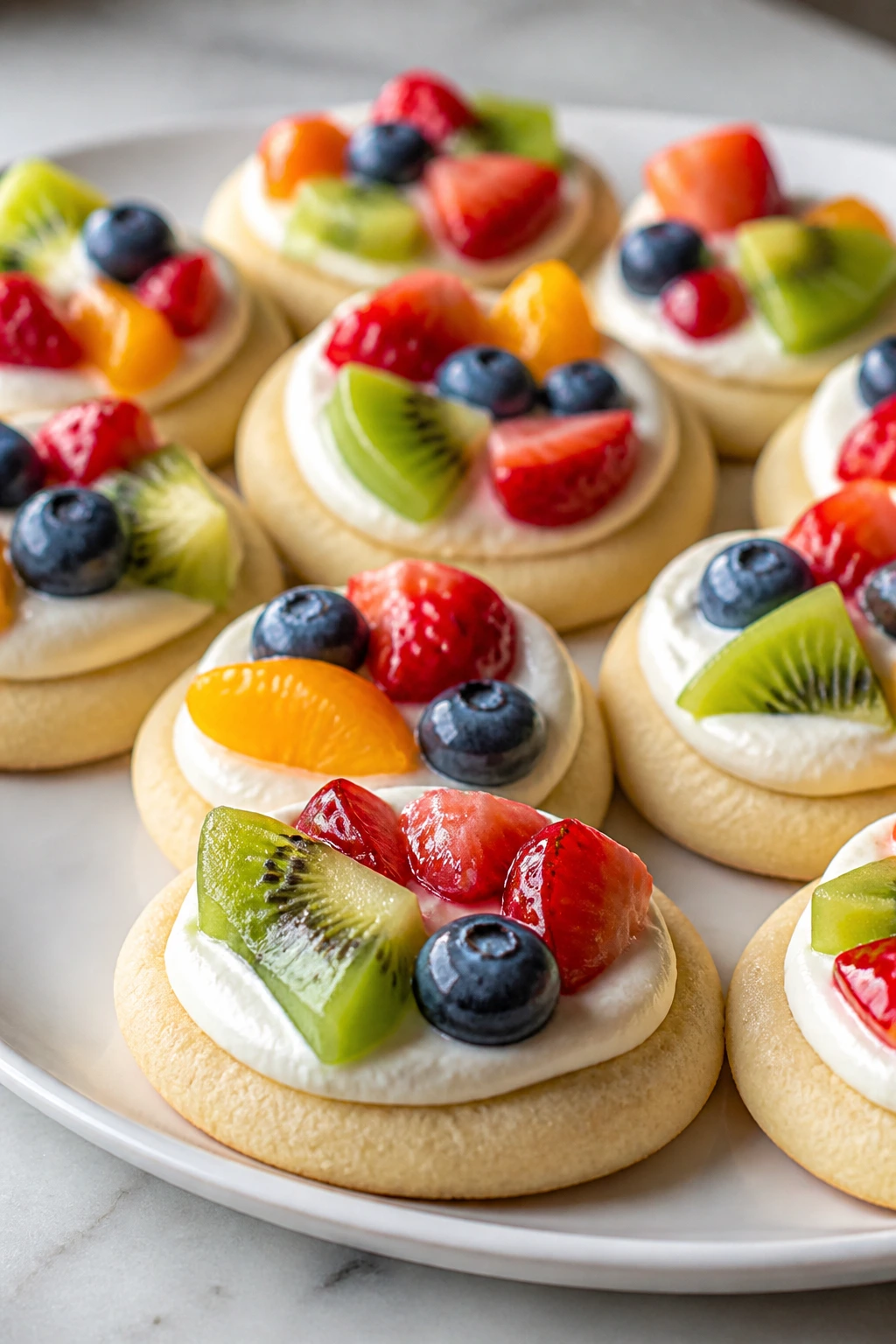 Close-up of fruit pizza bites with cookie rounds and fruit toppings