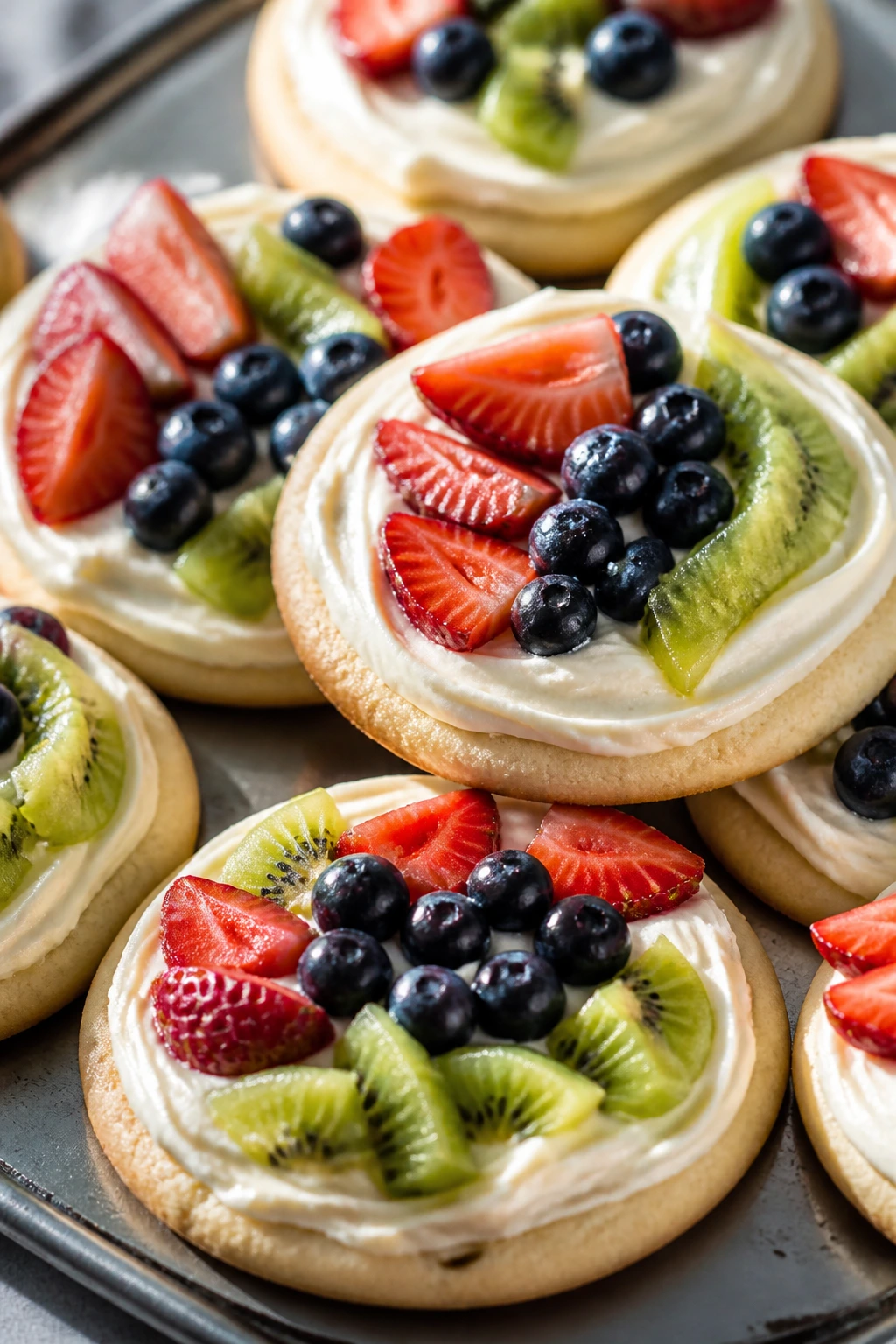 Close-up of fruit pizza cookies with berries and kiwi on top