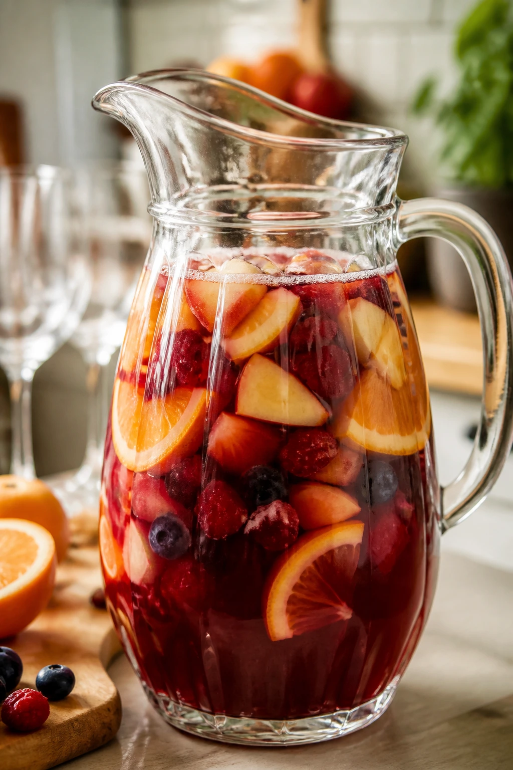 Pitcher of fruit punch with sliced fruit on a kitchen counter