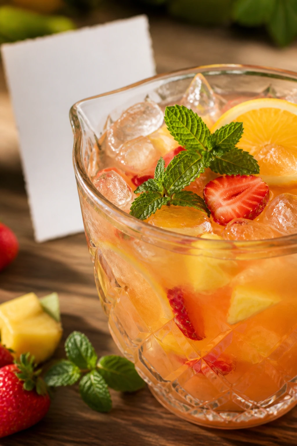 Glass of bright punch with mint and citrus on wooden table; blurred recipe card in background.