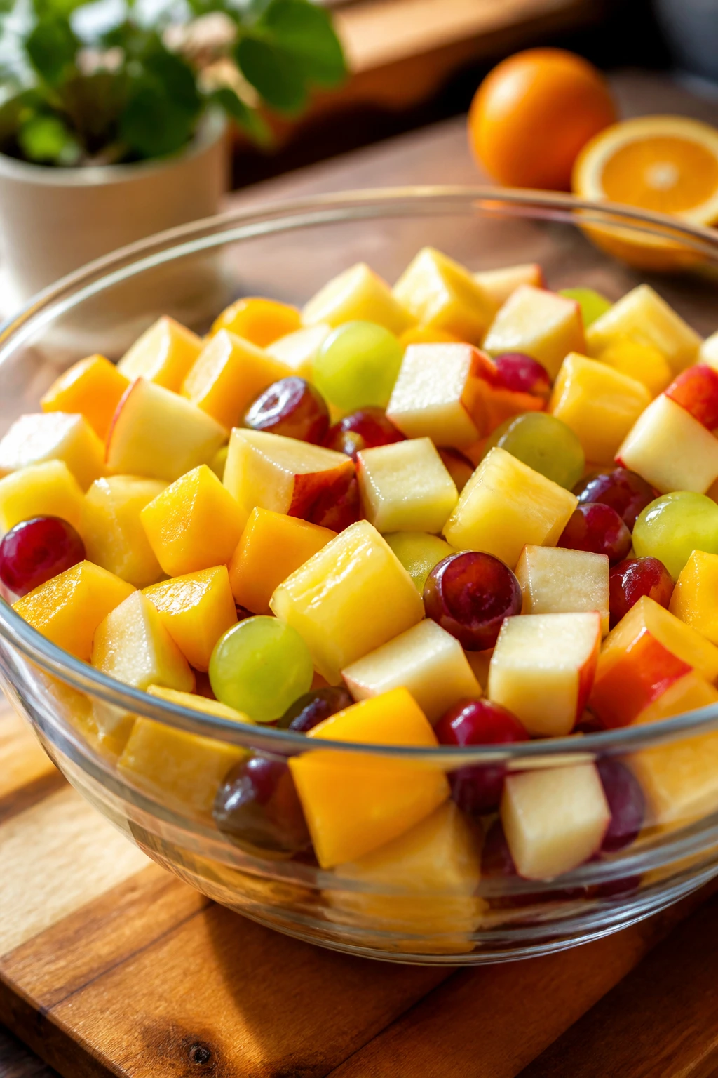 Uniformly cut base fruits in a large bowl ready for assembly