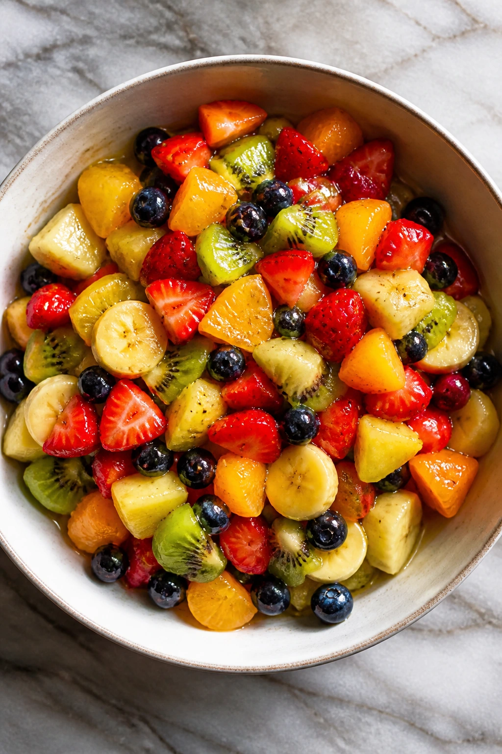 Top-down view of dressed fruit salad bowl on kitchen counter.