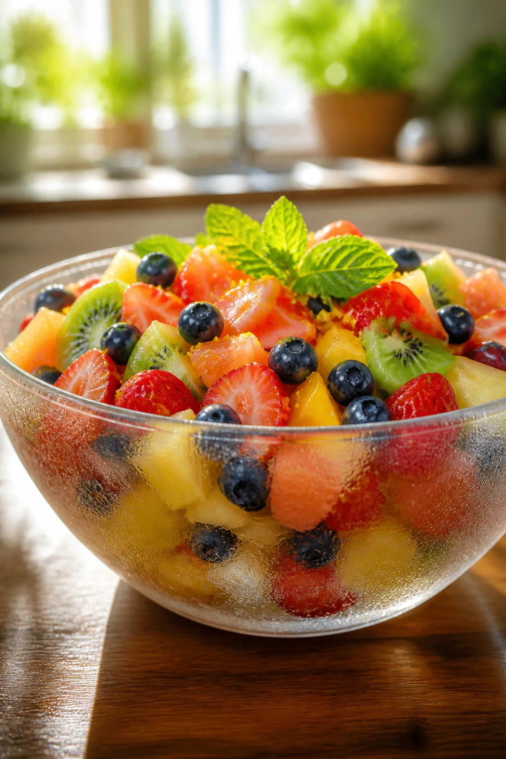 Fruit salad in chilled glass bowl with mint on a wooden counter