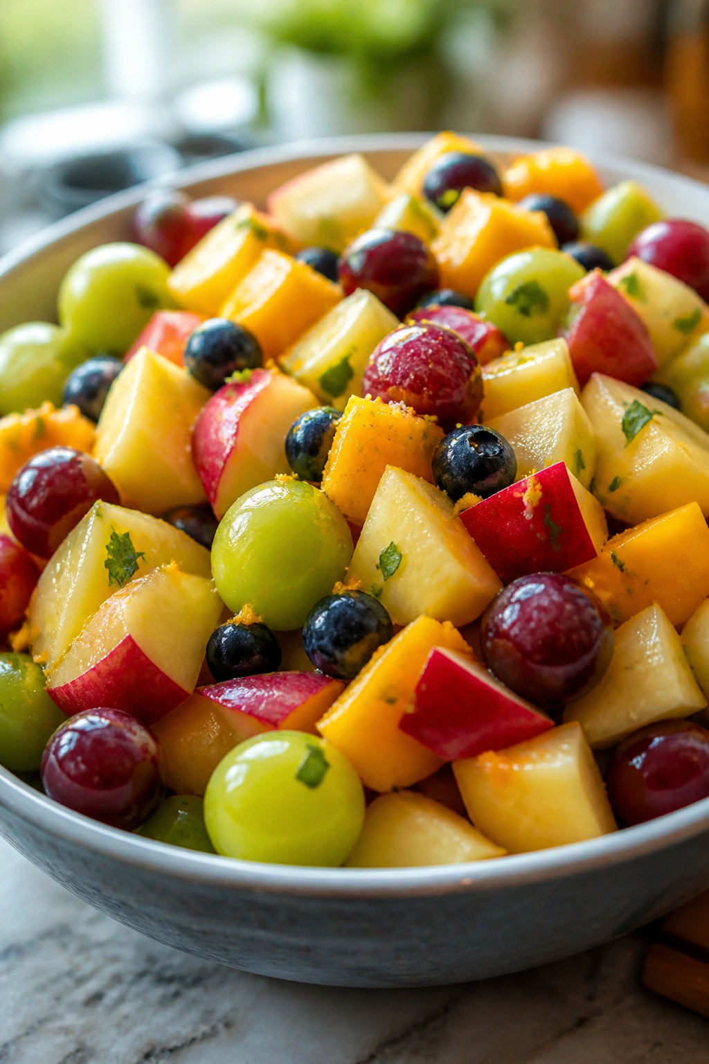 Close-up of a vibrant fruit salad bowl with apples, grapes, pineapple, mango, and blueberries on a warm kitchen counter