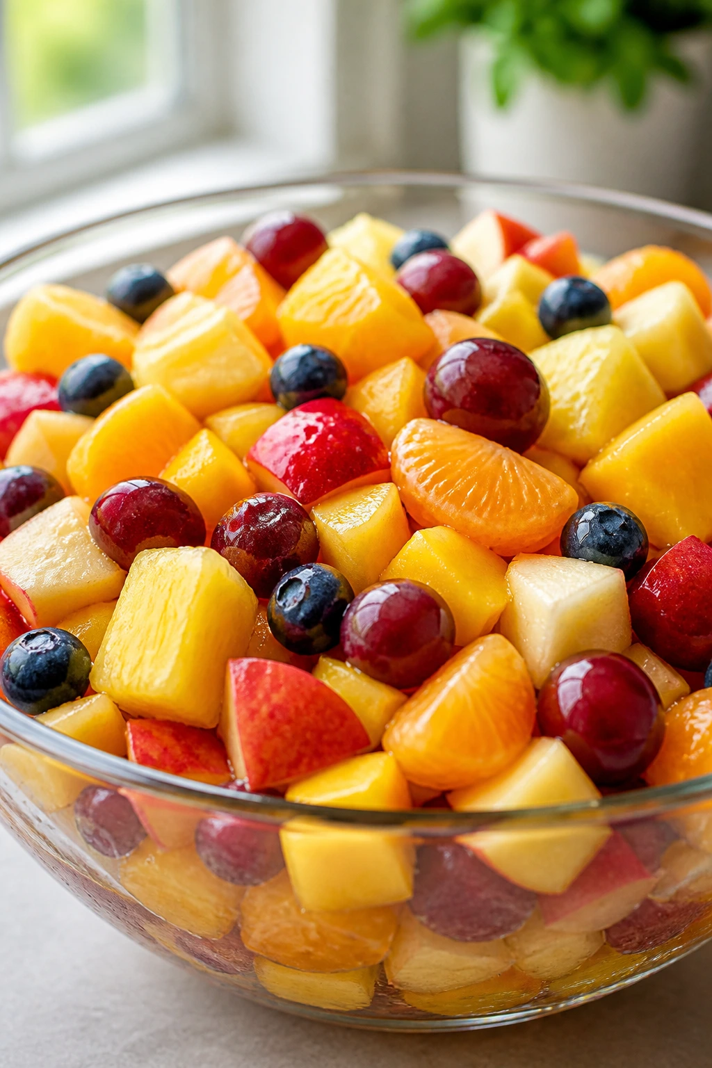 Bright fruit salad in a glass bowl with crisp apples, pineapple, grapes and mango