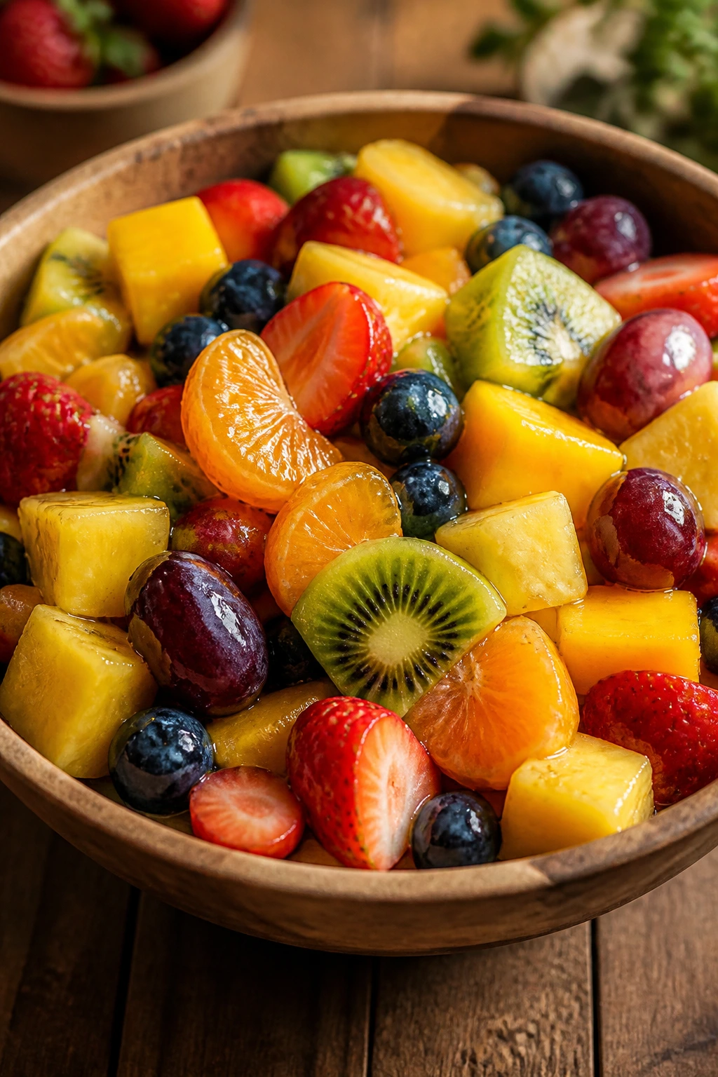 Close-up of vibrant fruit salad with light citrus dressing on a rustic wooden counter.