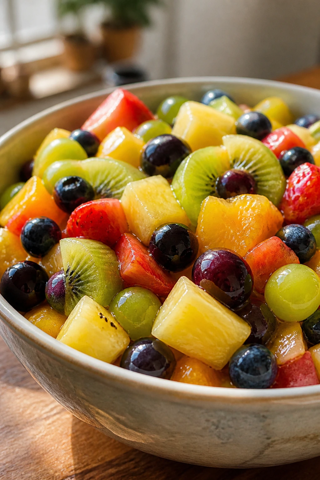 Close-up of a glossy citrus-dressed fruit salad in a bowl with grapes, pineapple, blueberries and kiwi