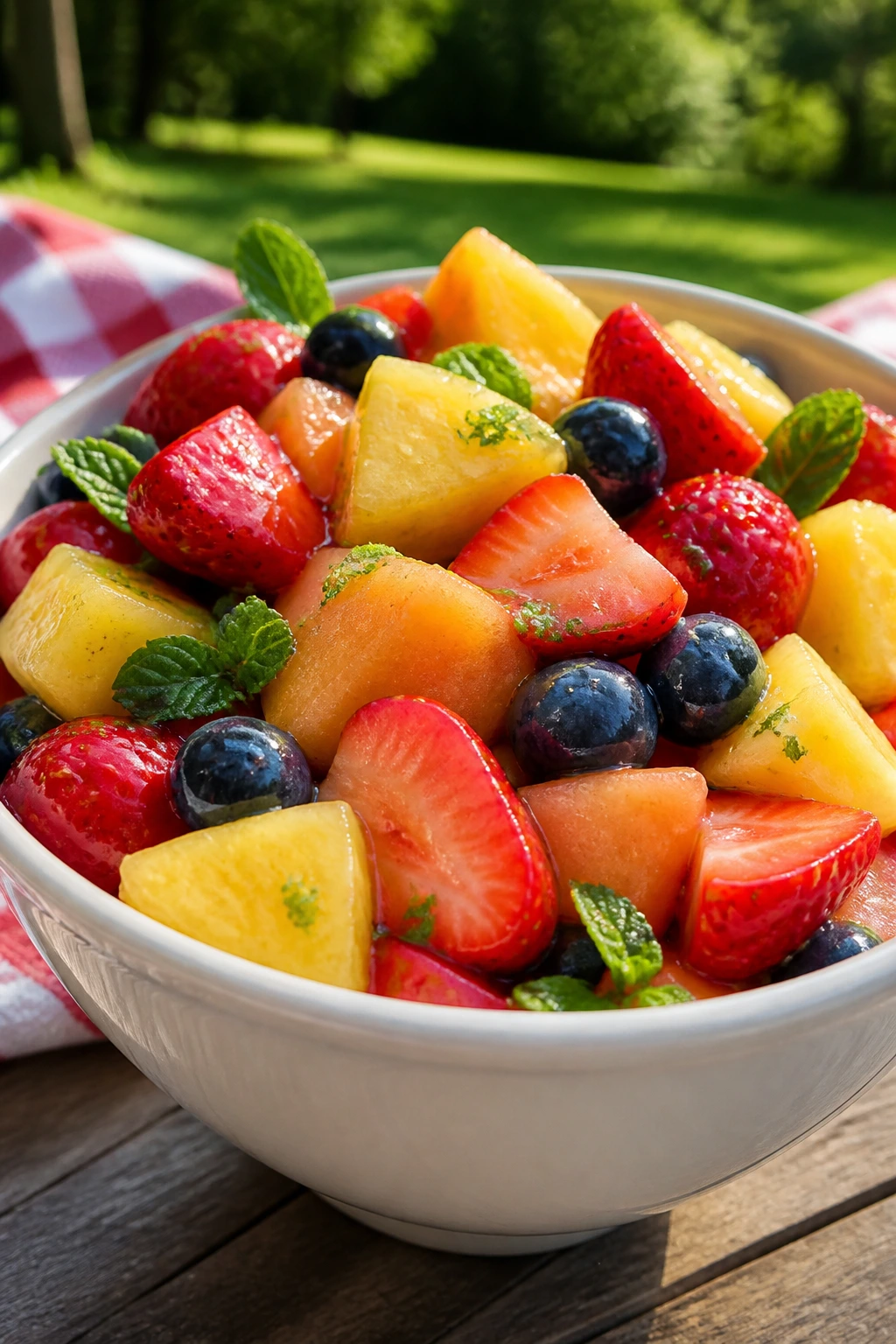 Bright fruit salad with honey lime dressing on a sunlit picnic table outdoors