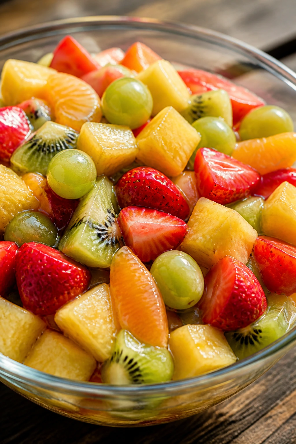 Colorful fruit salad with lime-honey syrup in glass bowl.
